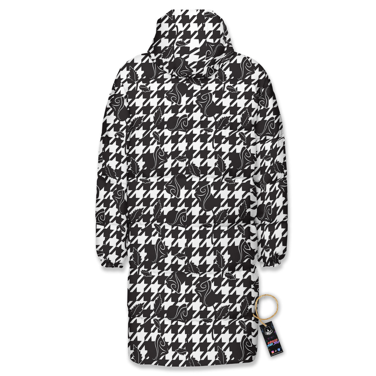 Houndstooth And Black Rose Print Pattern Long Down Jacket