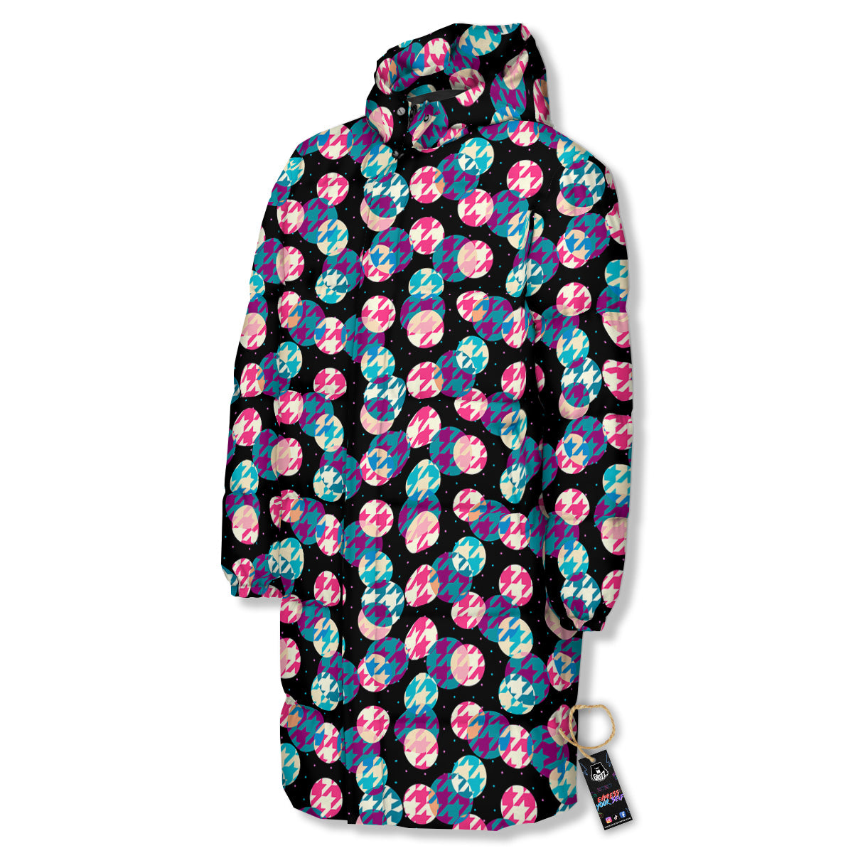 Houndstooth And Classic Polka Dot Print Pattern Long Down Jacket