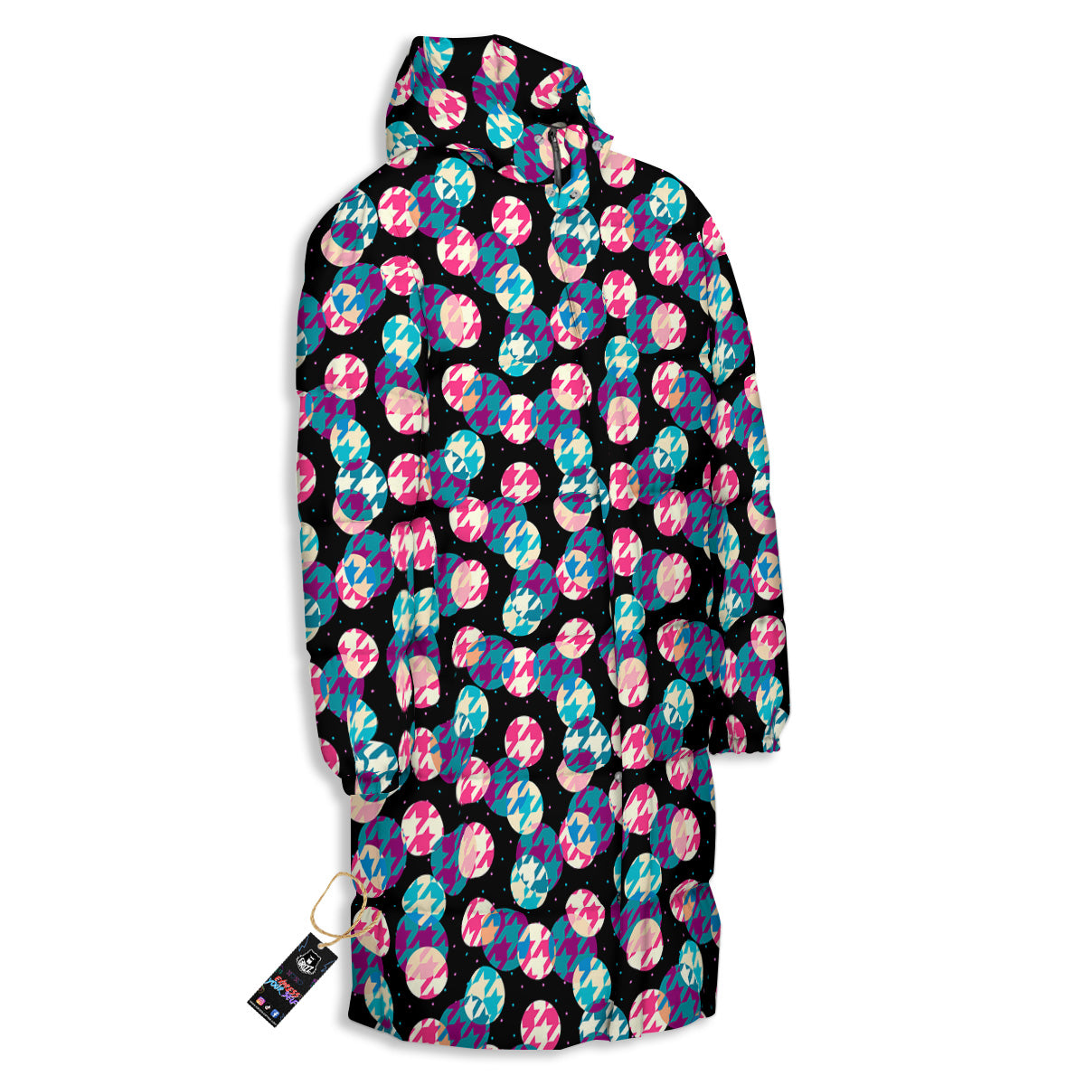 Houndstooth And Classic Polka Dot Print Pattern Long Down Jacket
