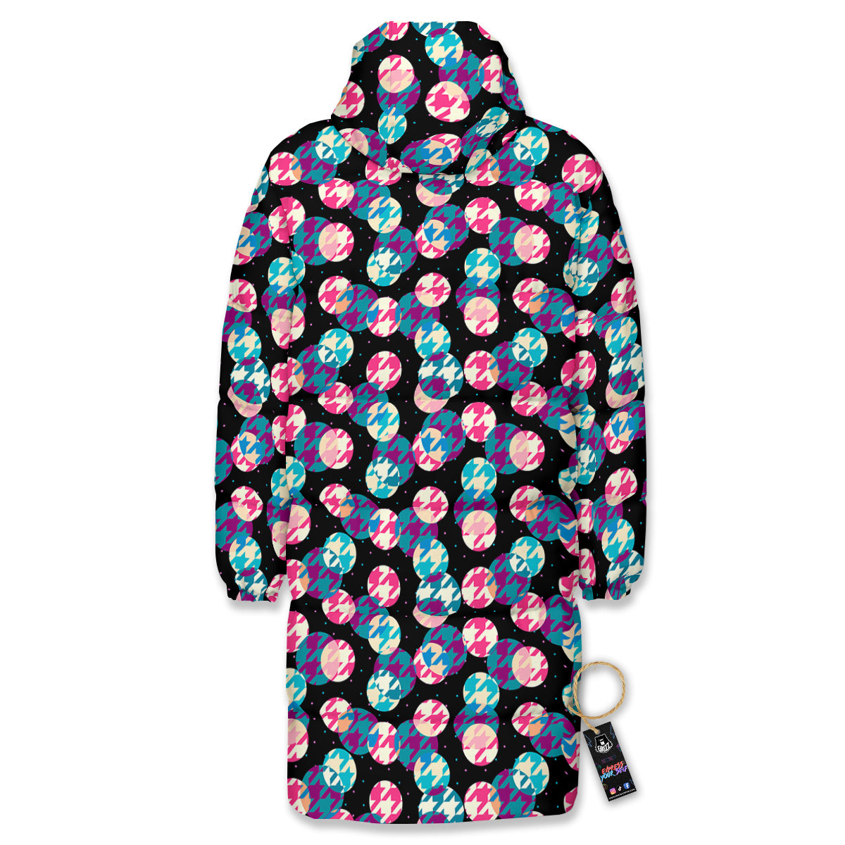 Houndstooth And Classic Polka Dot Print Pattern Long Down Jacket