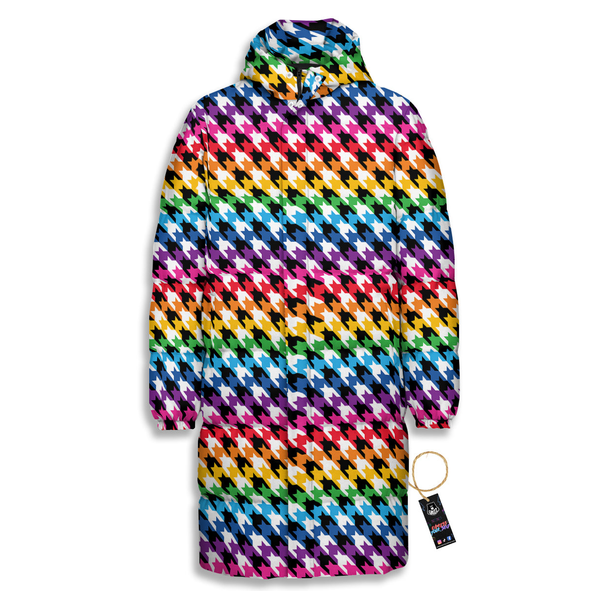 Houndstooth Rainbow Pride Print Pattern Long Down Jacket