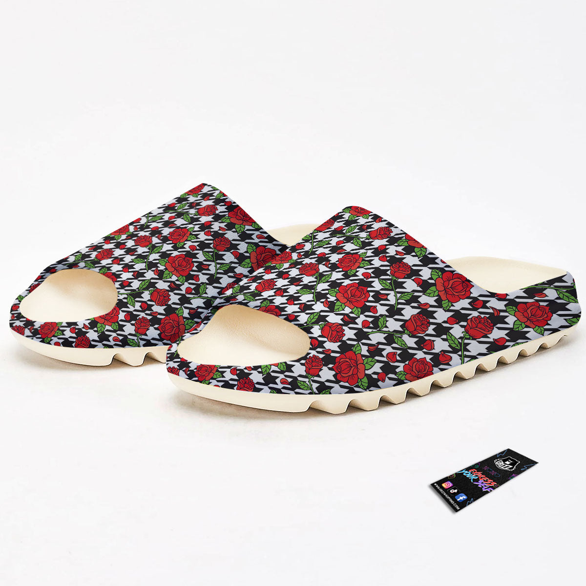 Houndstooth Red Roses Print Pattern Sandals-grizzshop