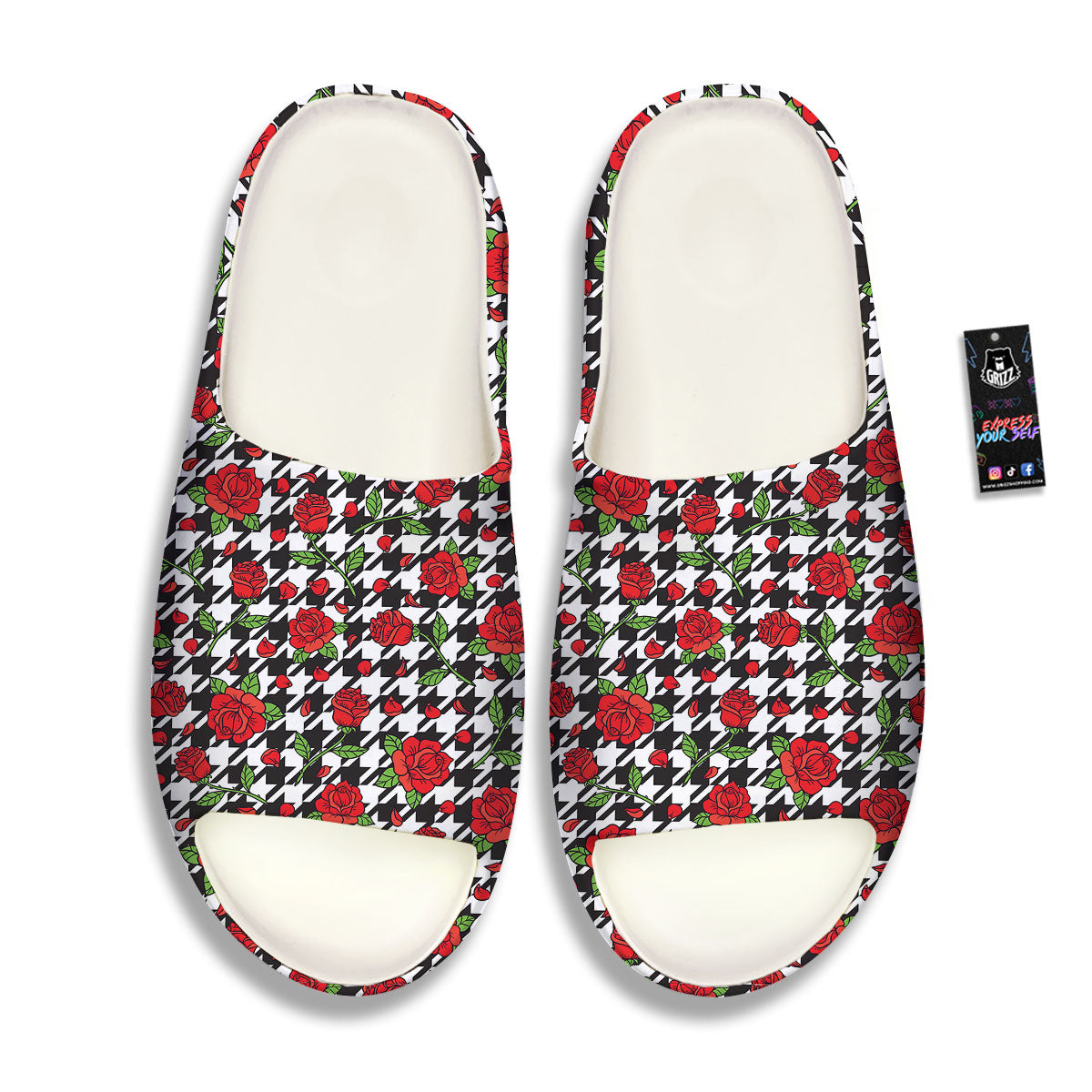 Houndstooth Red Roses Print Pattern Sandals-grizzshop