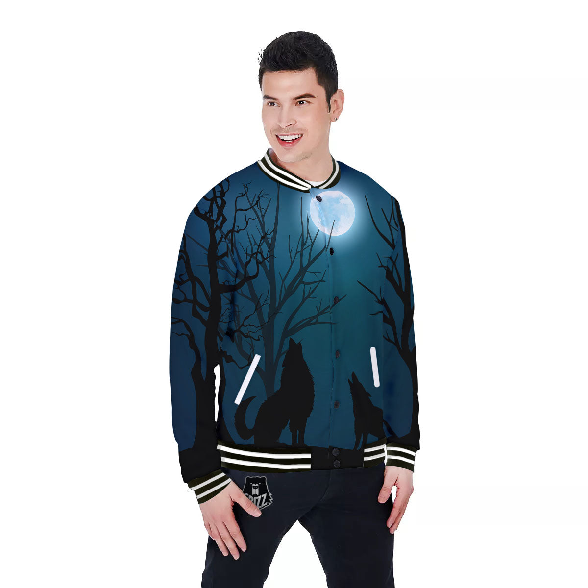 Howling Wolf At The Full Moon Print Baseball Jacket-grizzshop