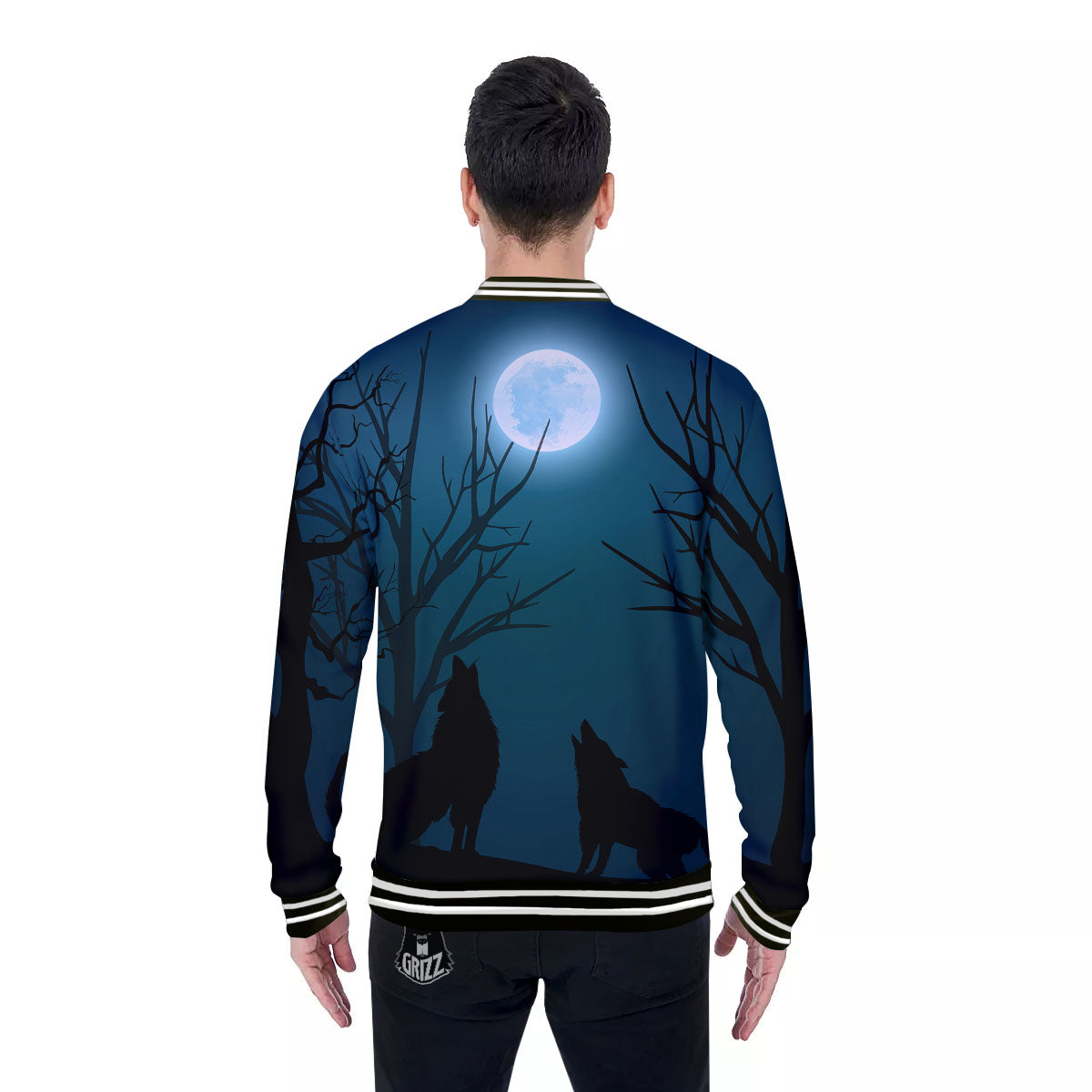 Howling Wolf At The Full Moon Print Baseball Jacket-grizzshop