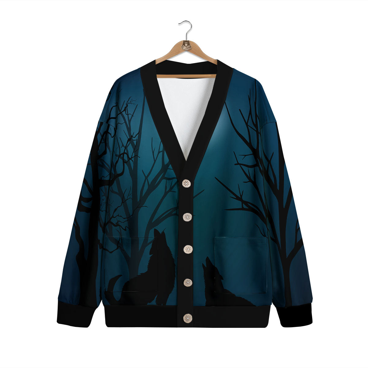 Howling Wolf At The Full Moon Print Cardigan-grizzshop