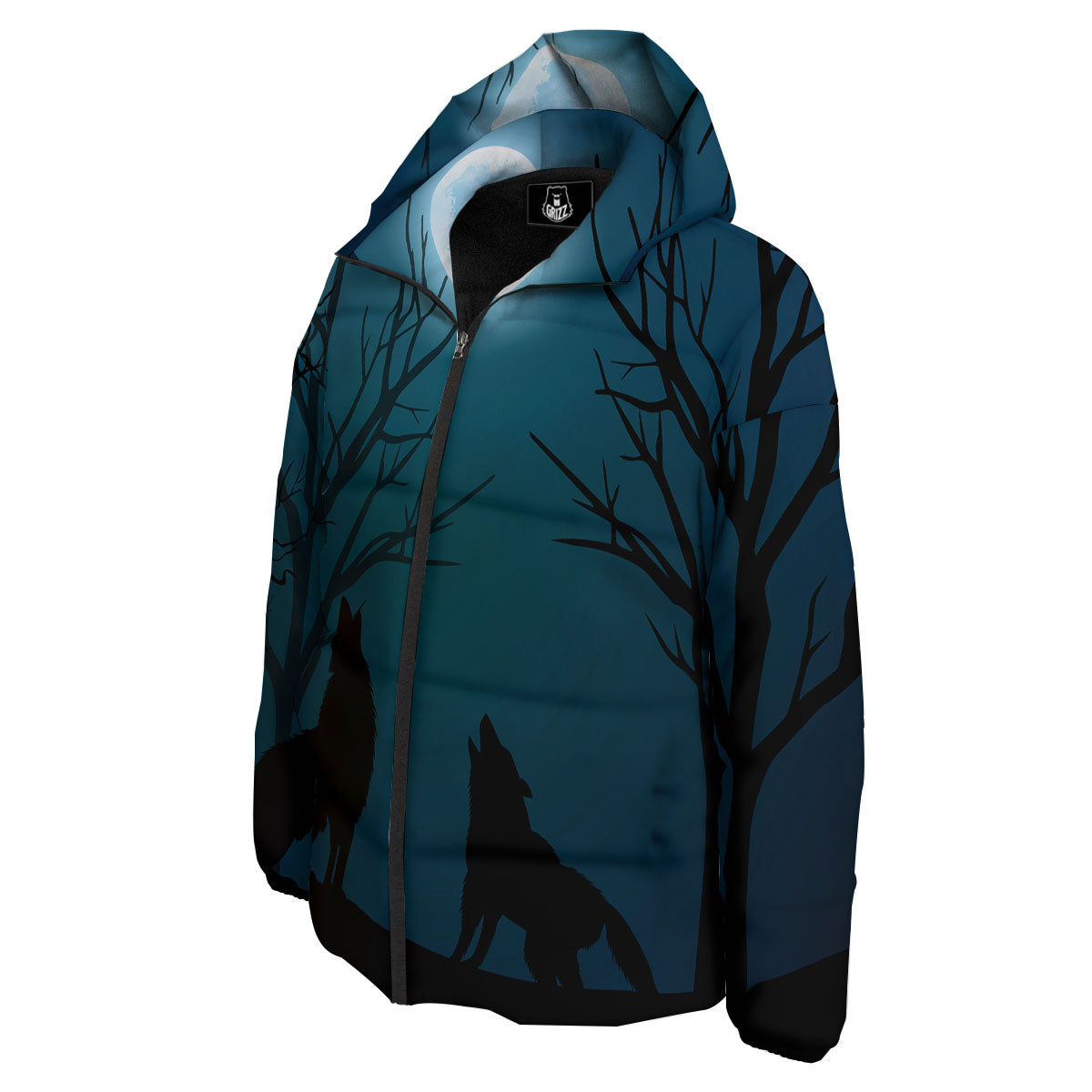 Howling Wolf At The Full Moon Print Down Jacket-grizzshop