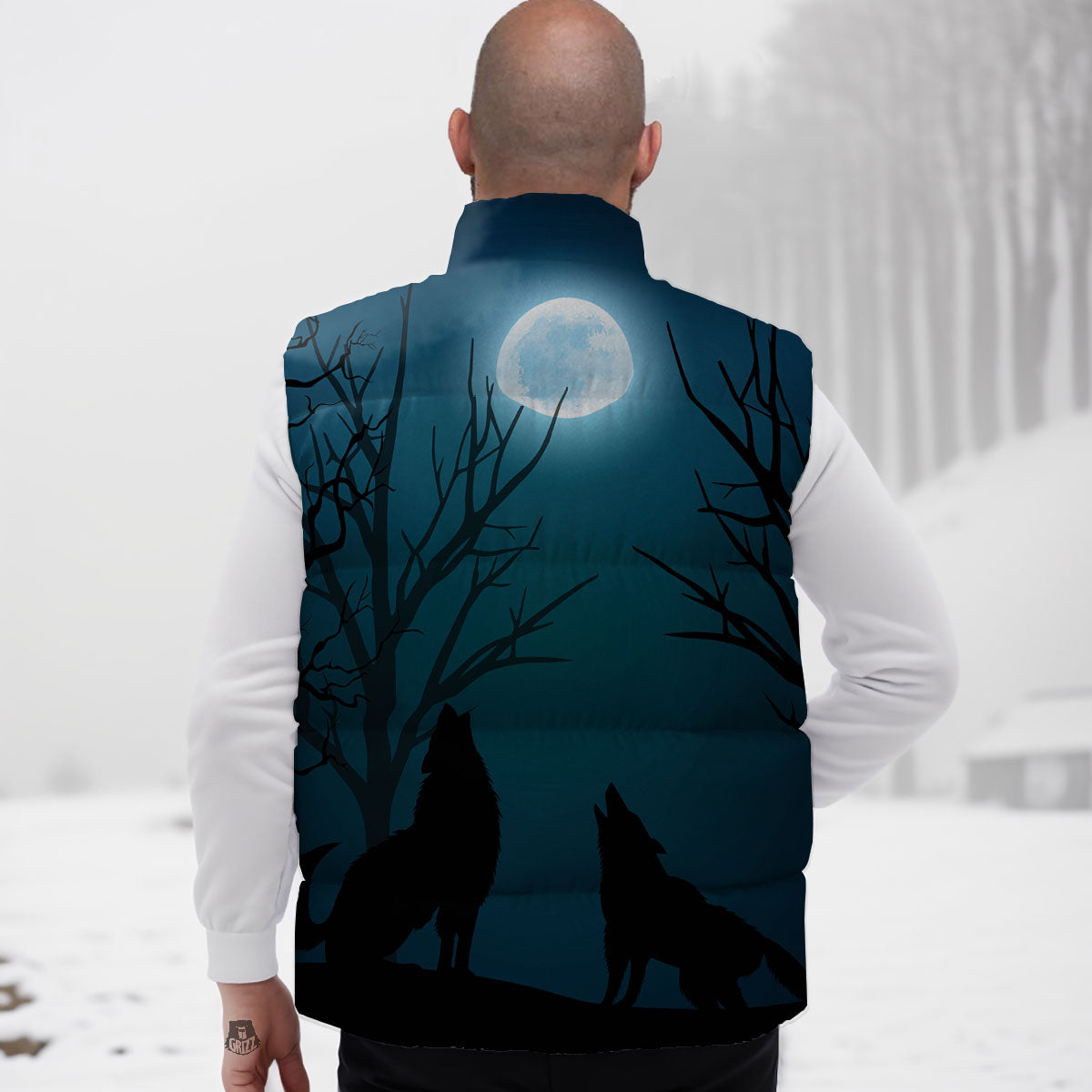 Howling Wolf At The Full Moon Print Down Vest