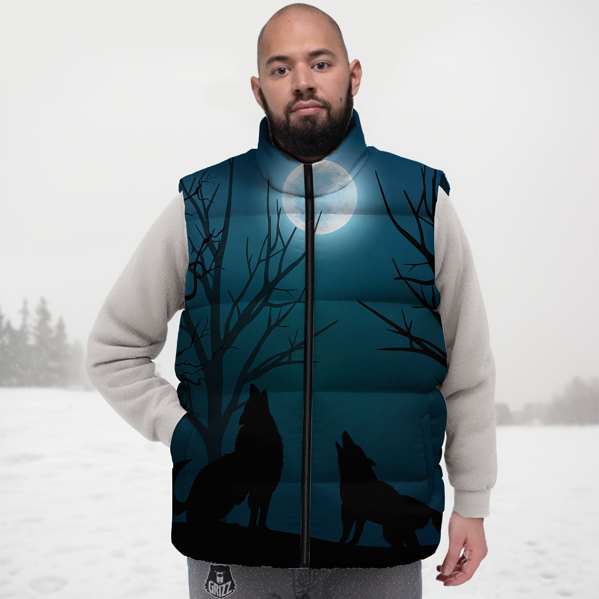 Howling Wolf At The Full Moon Print Down Vest