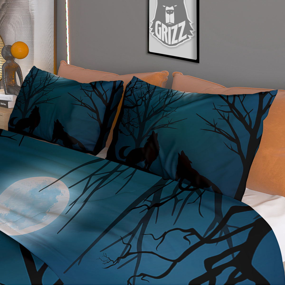 Howling Wolf At The Full Moon Print Duvet Cover Bedding Set