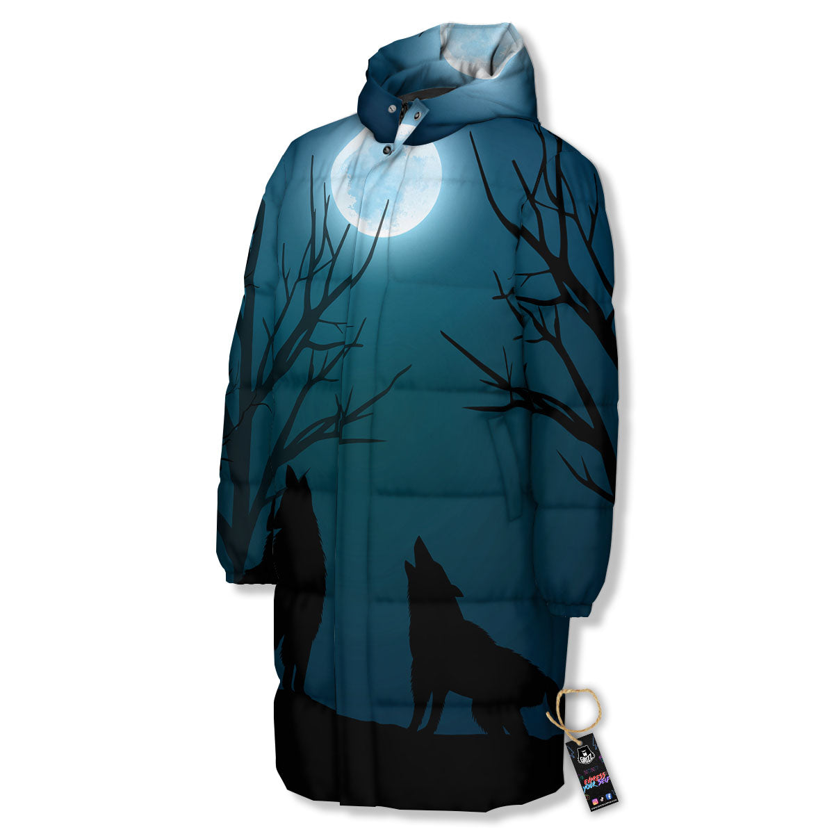 Howling Wolf At The Full Moon Print Long Down Jacket-grizzshop