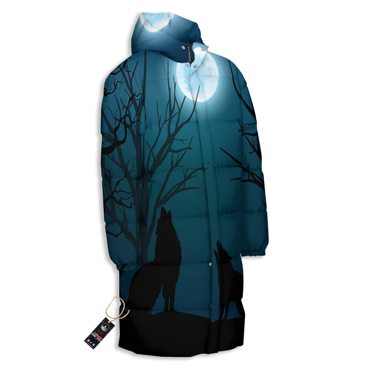 Howling Wolf At The Full Moon Print Long Down Jacket-grizzshop