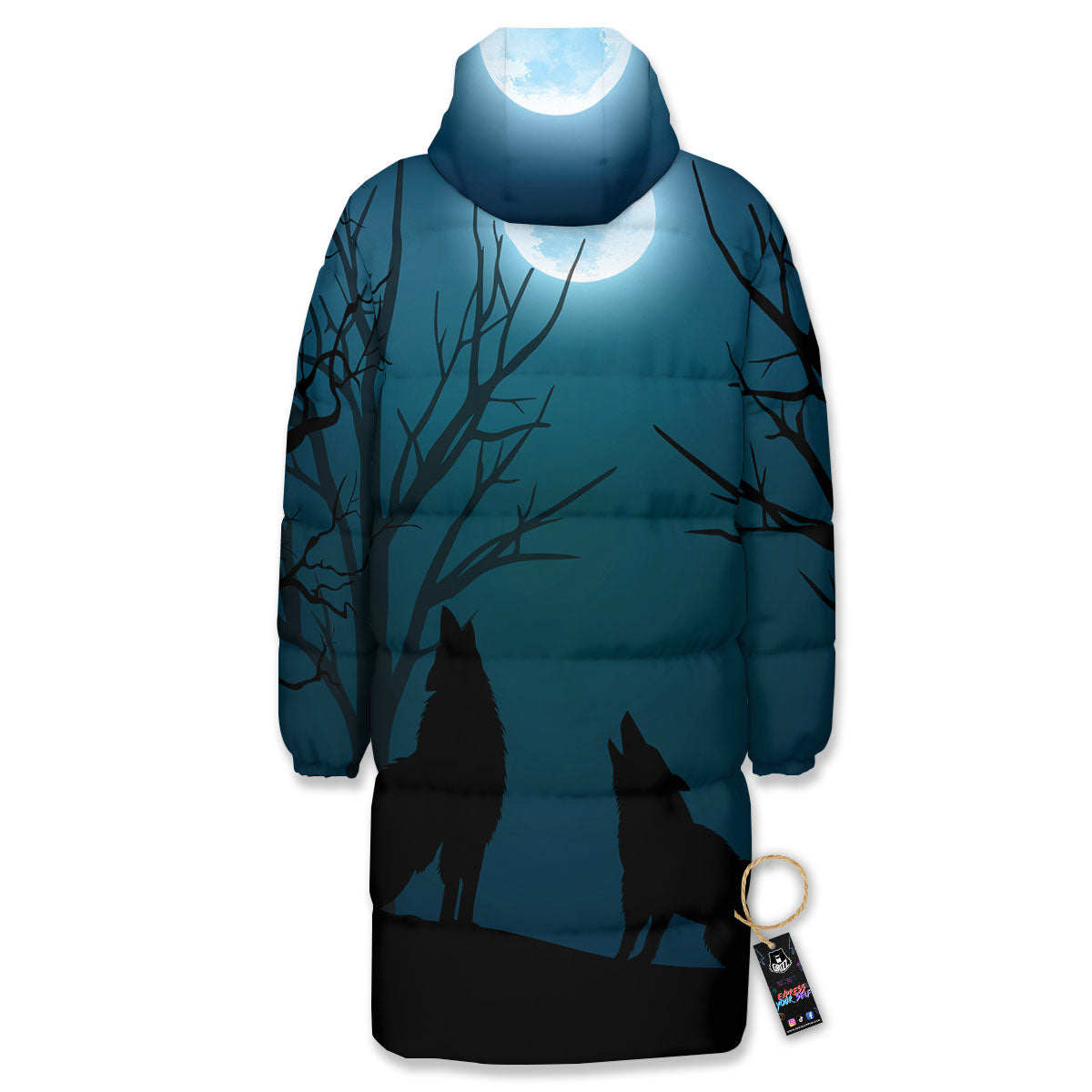 Howling Wolf At The Full Moon Print Long Down Jacket-grizzshop