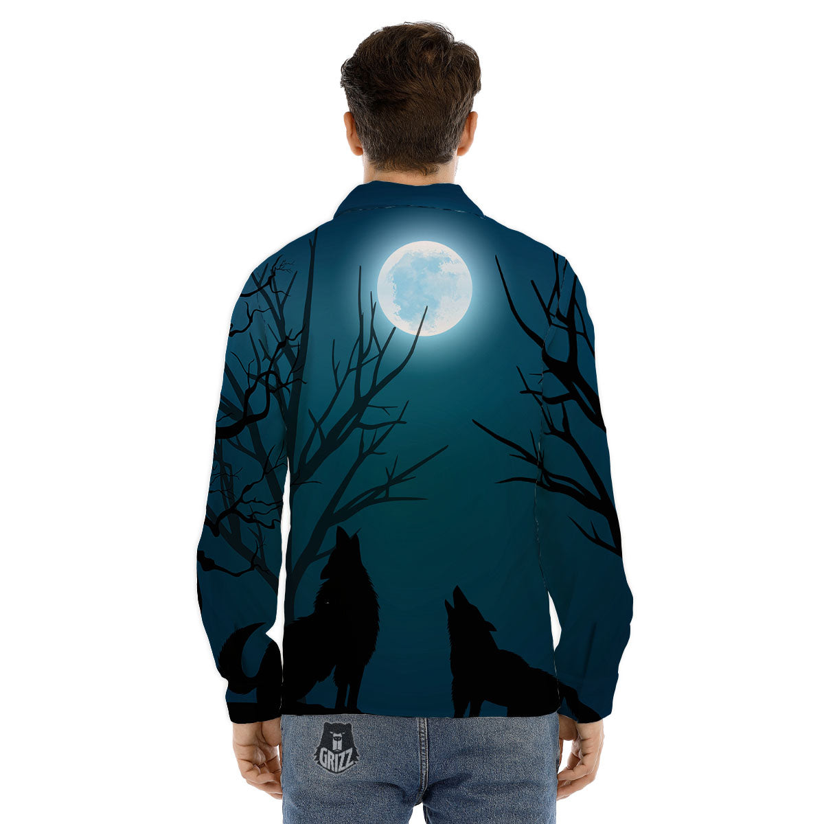 Howling Wolf At The Full Moon Print Men's Dress Shirts-grizzshop