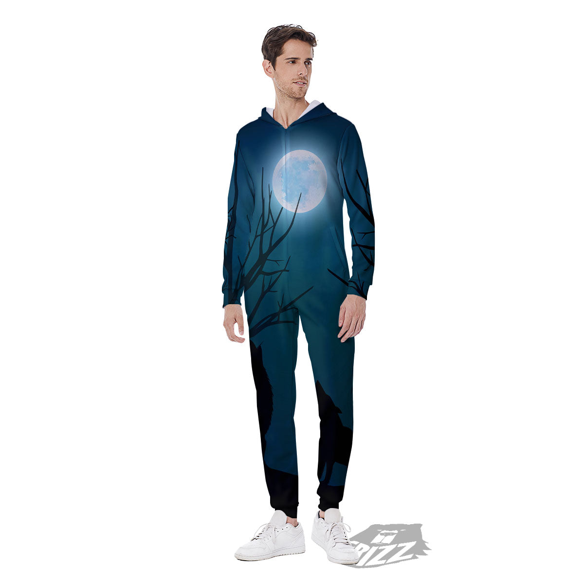 Howling Wolf At The Full Moon Print Men's Jumpsuit-grizzshop