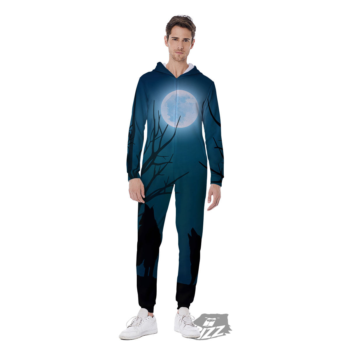 Howling Wolf At The Full Moon Print Men's Jumpsuit-grizzshop