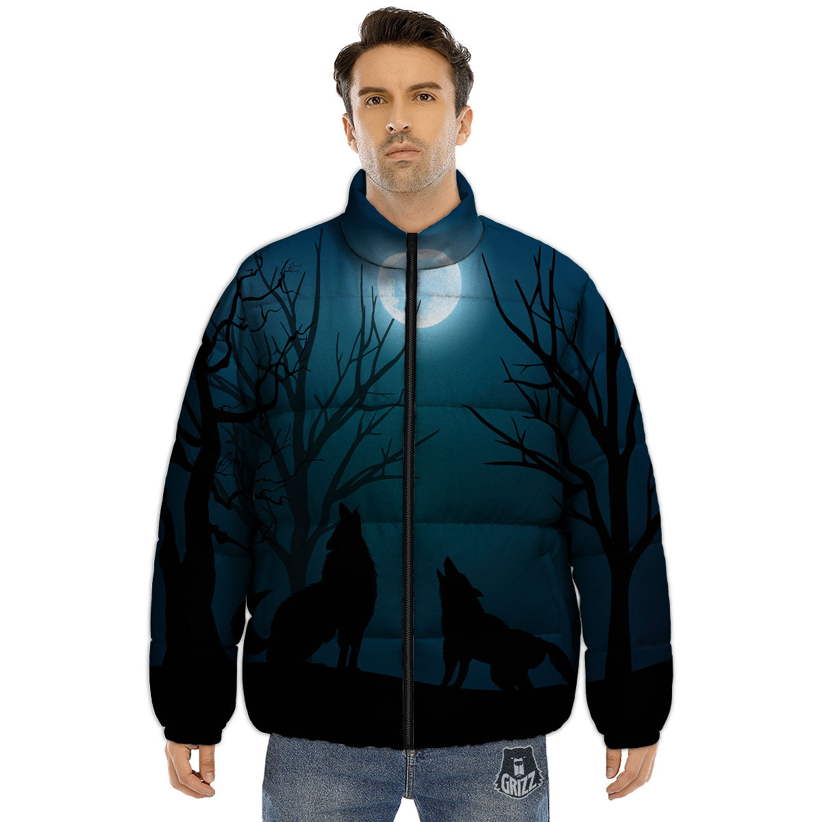 Howling Wolf At The Full Moon Print Puffer Jacket-grizzshop