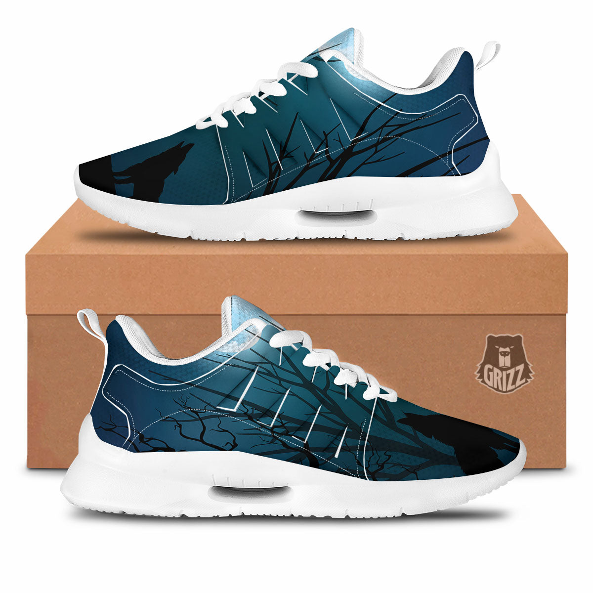 Howling Wolf At The Full Moon Print Tennis Shoes-grizzshop