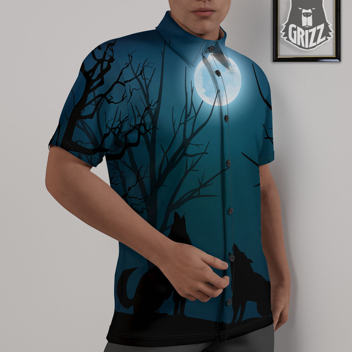 Howling Wolf At The Full Moon Print Untucked Shirts-grizzshop