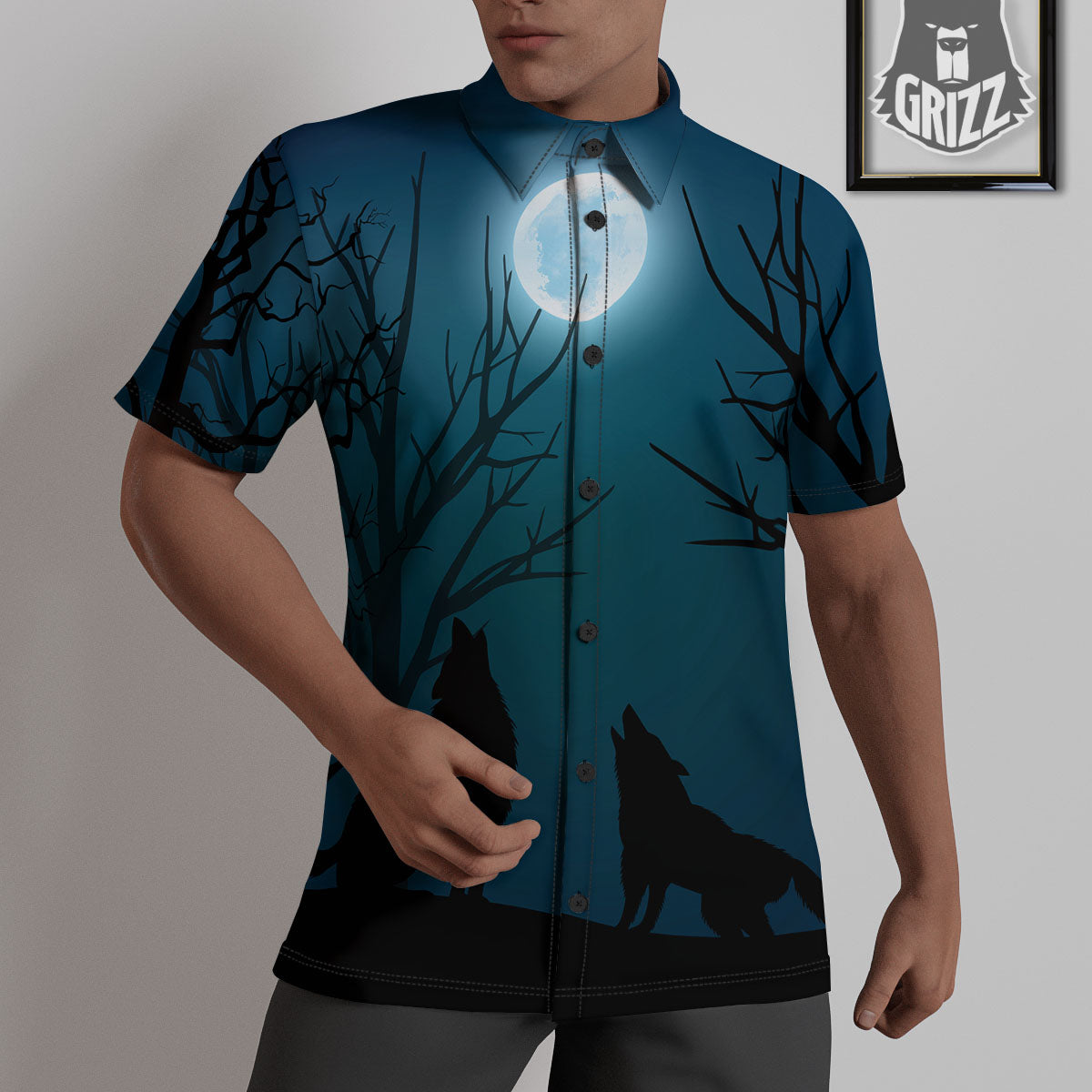 Howling Wolf At The Full Moon Print Untucked Shirts-grizzshop
