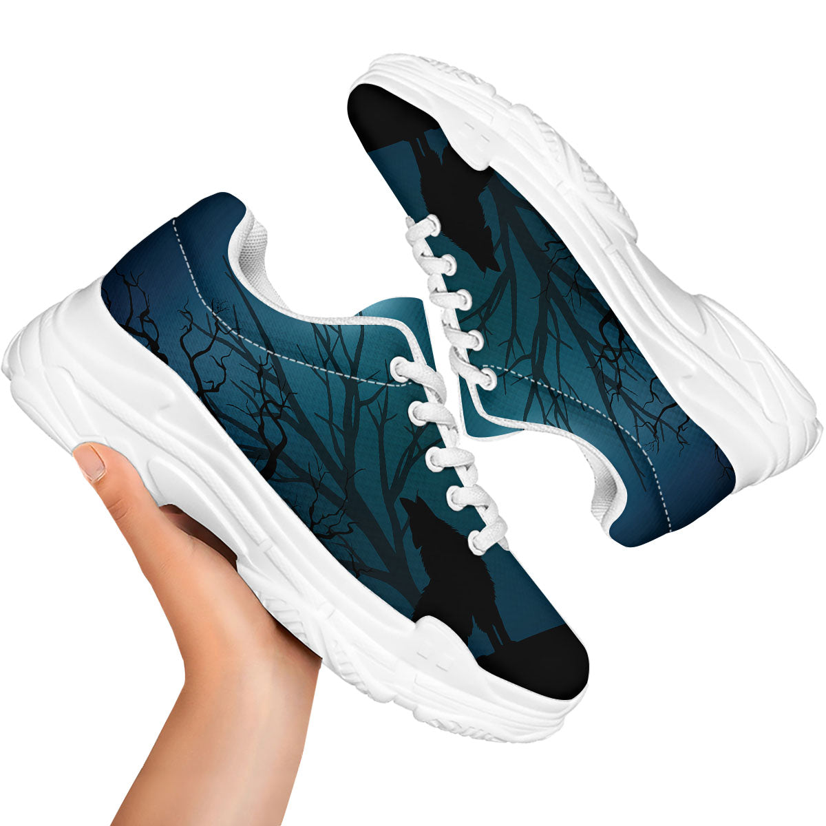 Howling Wolf At The Full Moon Print White Chunky Shoes-grizzshop