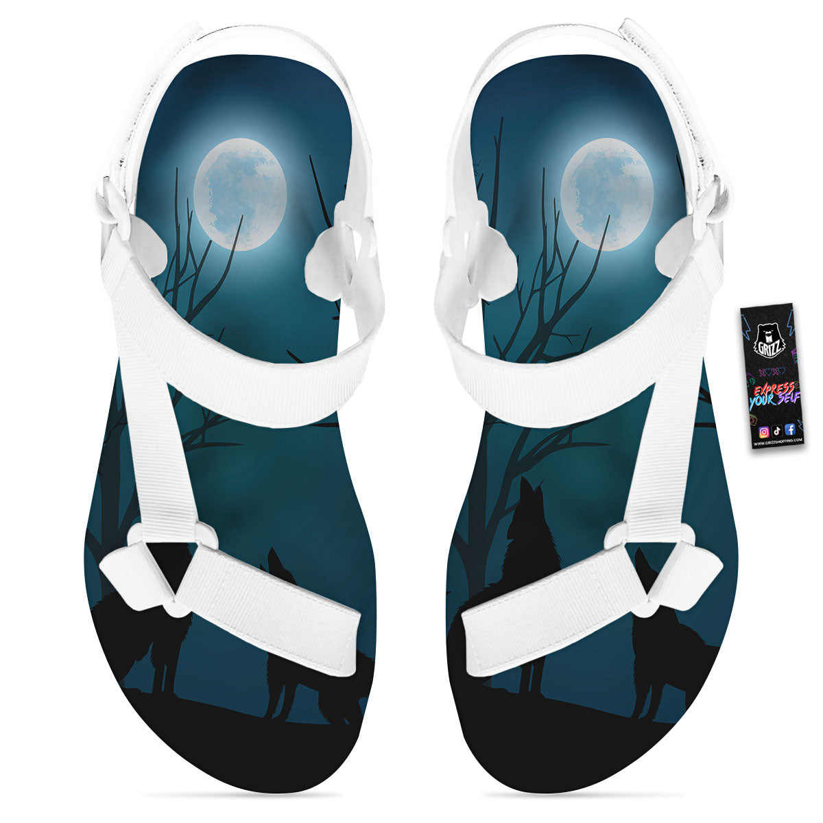 Howling Wolf At The Full Moon Print White Open Toe Sandals-grizzshop