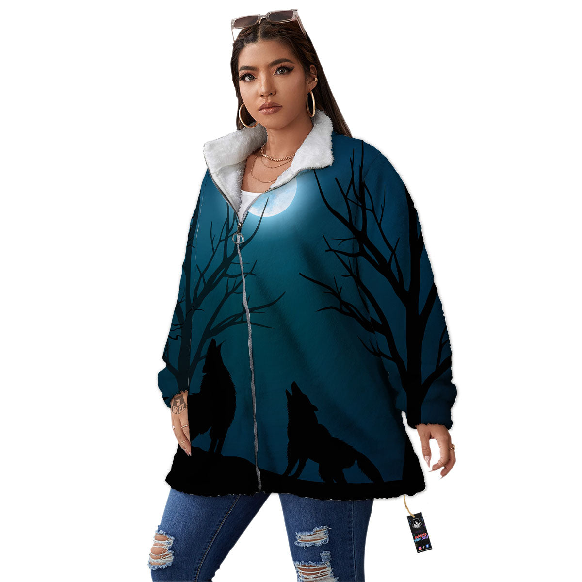 Howling Wolf At The Full Moon Print Women's Sherpa Jacket-grizzshop