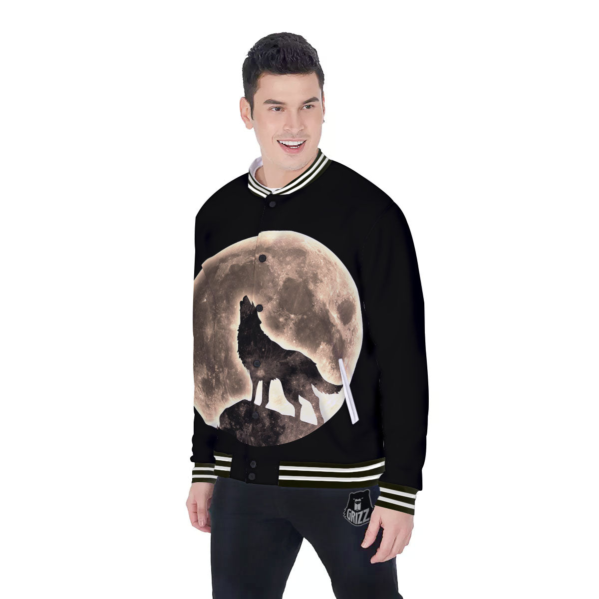 Howling Wolf Full Moon Print Baseball Jacket-grizzshop