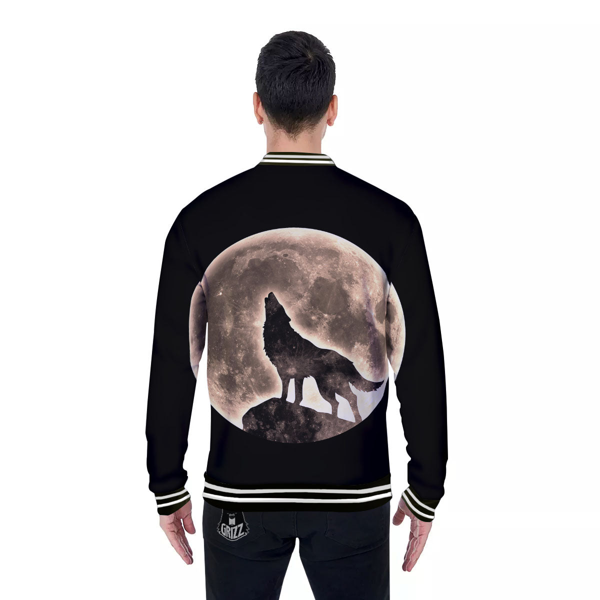 Howling Wolf Full Moon Print Baseball Jacket-grizzshop