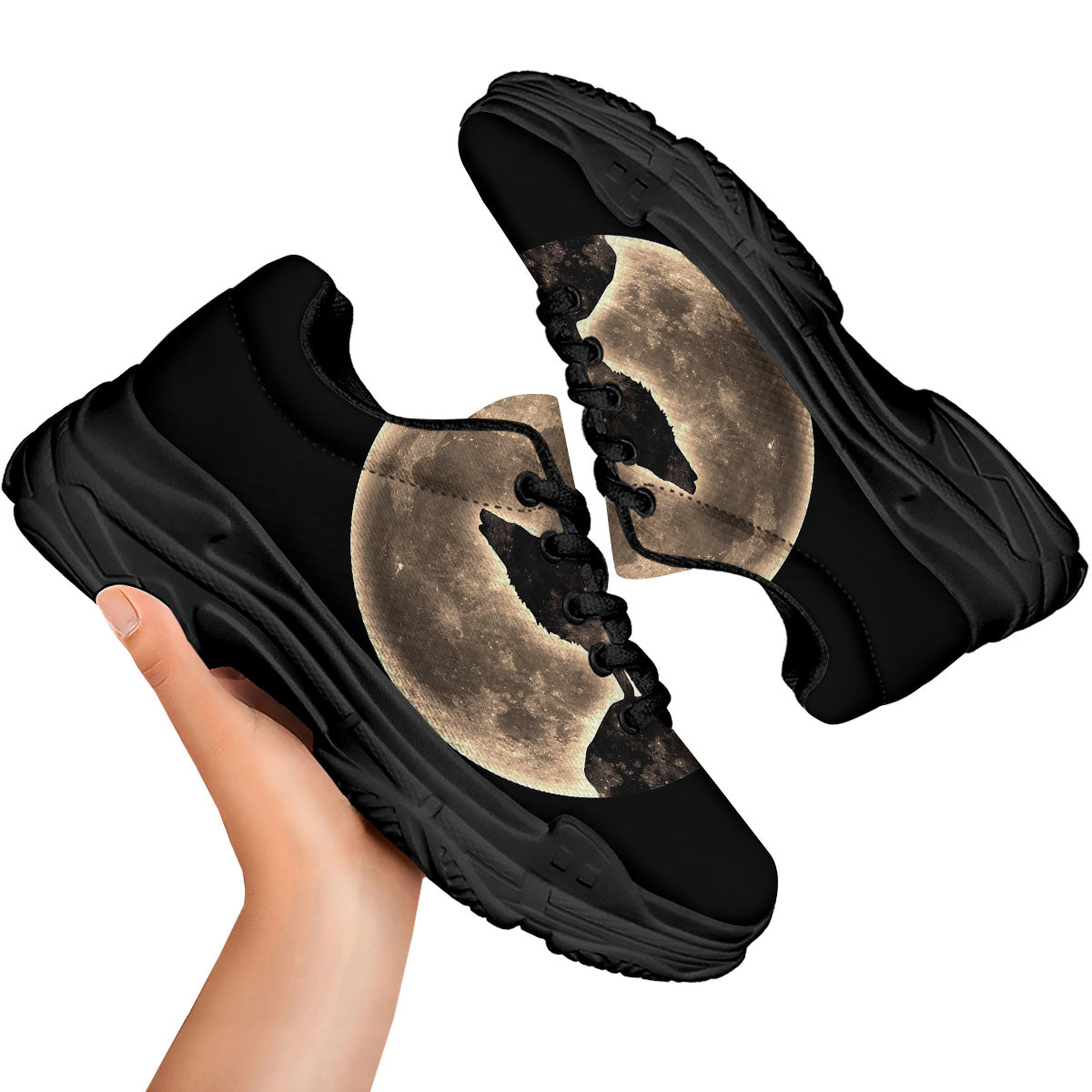 Howling Wolf Full Moon Print Black Chunky Shoes-grizzshop