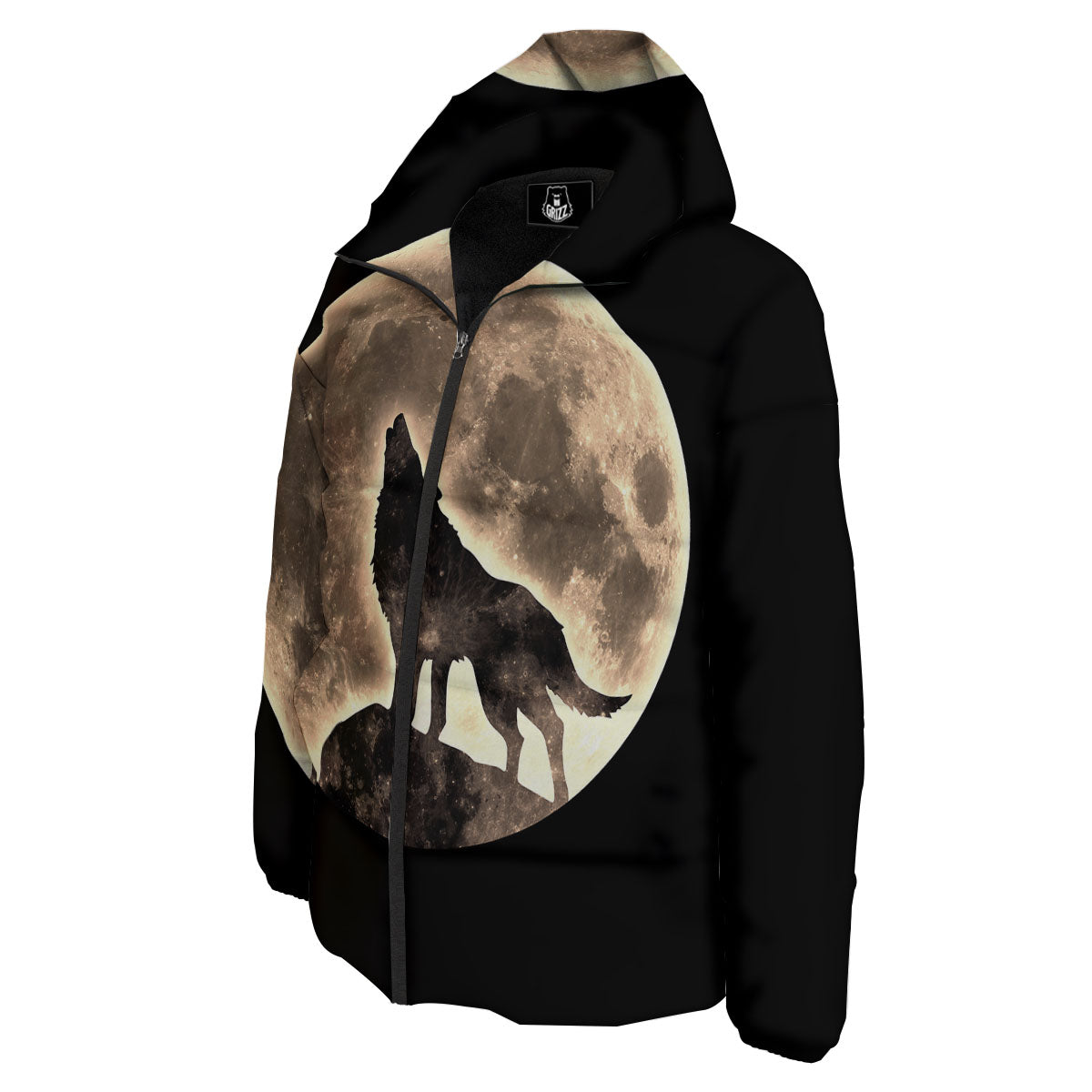 Howling Wolf Full Moon Print Down Jacket-grizzshop