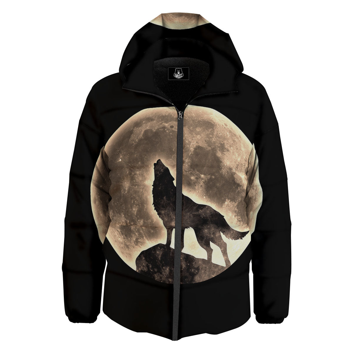 Howling Wolf Full Moon Print Down Jacket-grizzshop