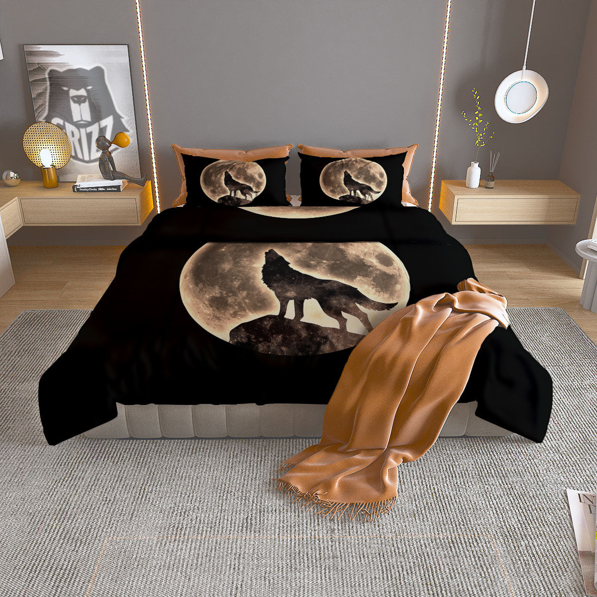 Howling Wolf Full Moon Print Duvet Cover Bedding Set