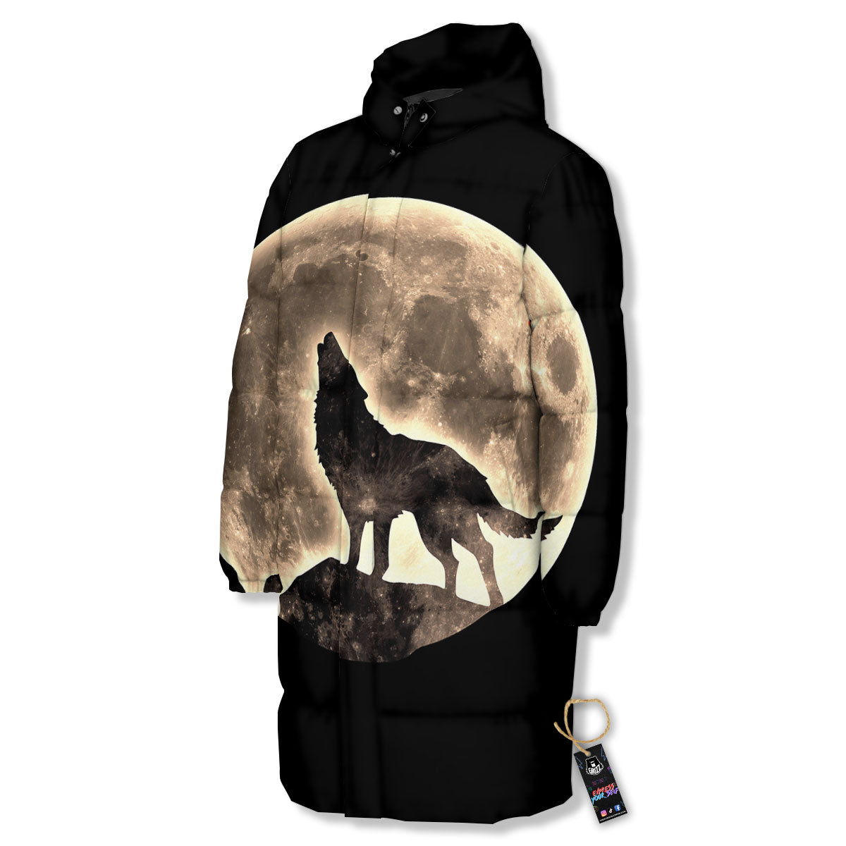 Howling Wolf Full Moon Print Long Down Jacket-grizzshop