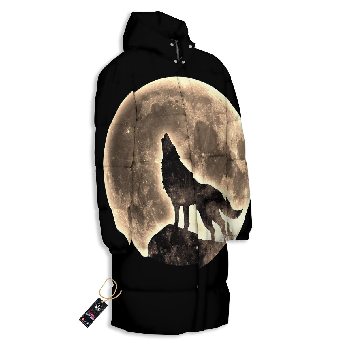 Howling Wolf Full Moon Print Long Down Jacket-grizzshop