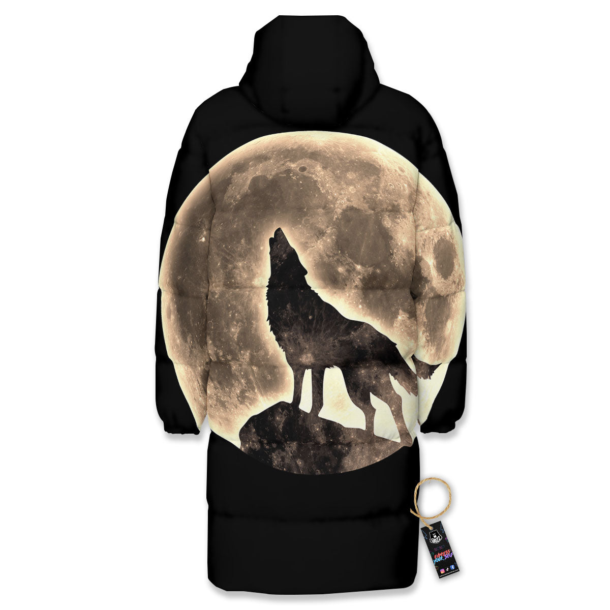 Howling Wolf Full Moon Print Long Down Jacket-grizzshop