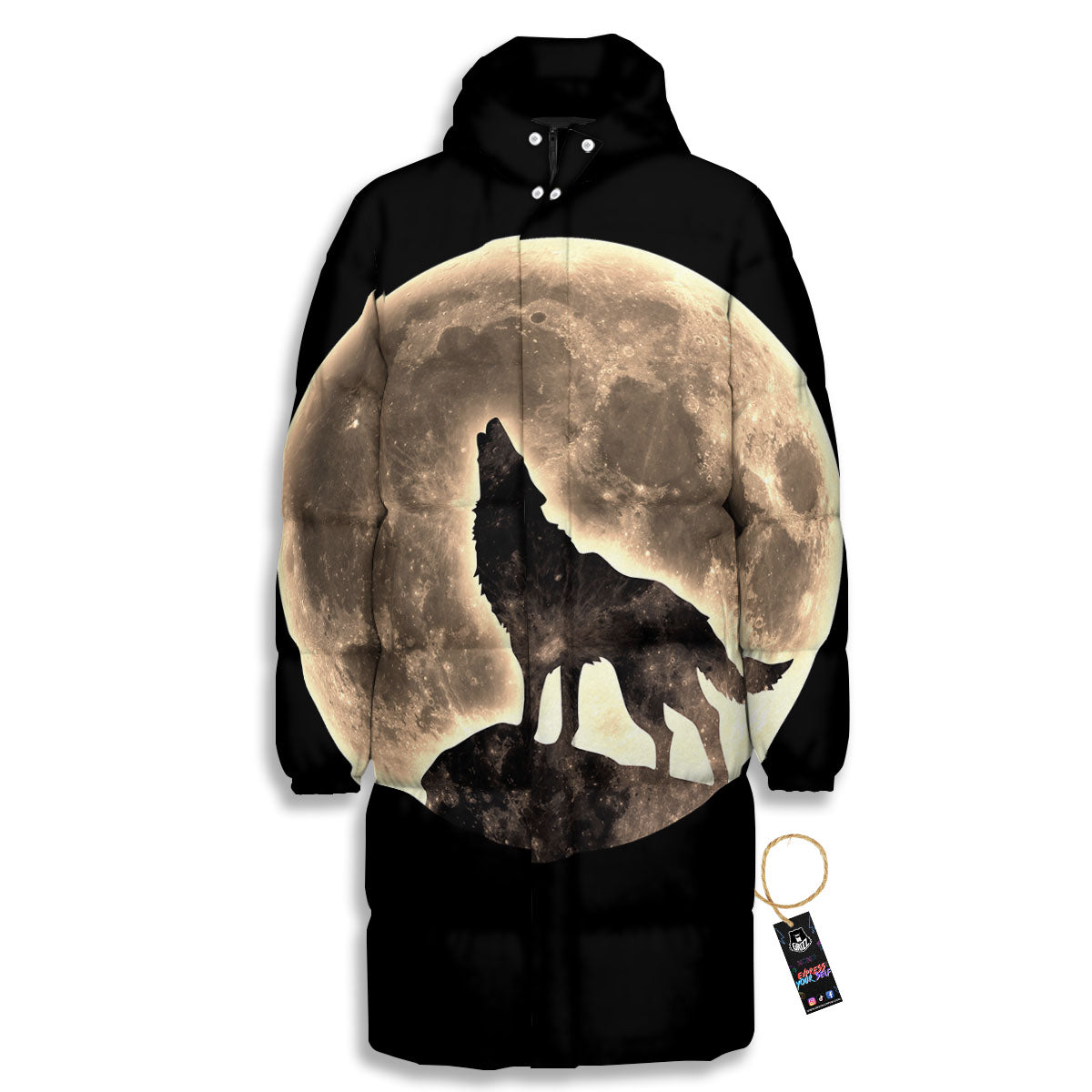 Howling Wolf Full Moon Print Long Down Jacket-grizzshop