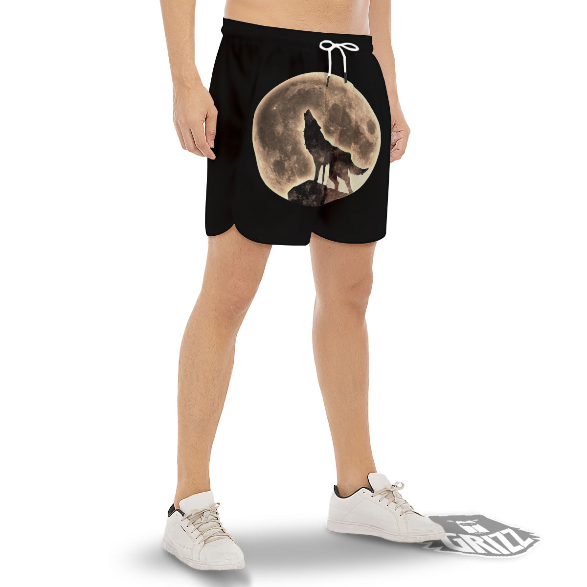 Howling Wolf Full Moon Print Men's Gym Shorts-grizzshop