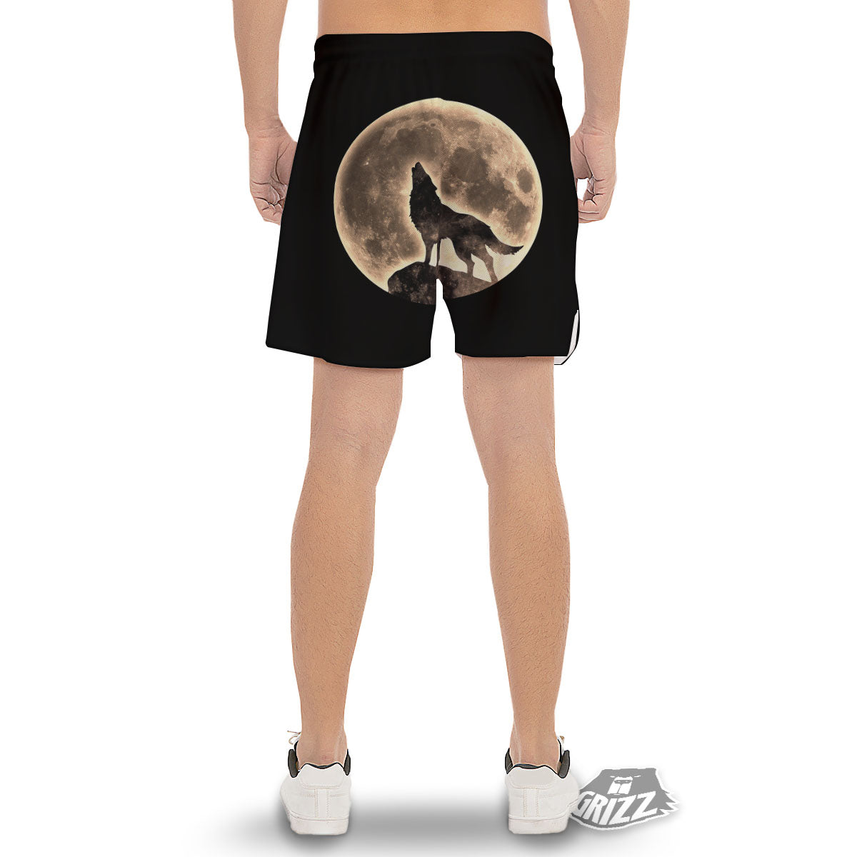 Howling Wolf Full Moon Print Men's Gym Shorts-grizzshop
