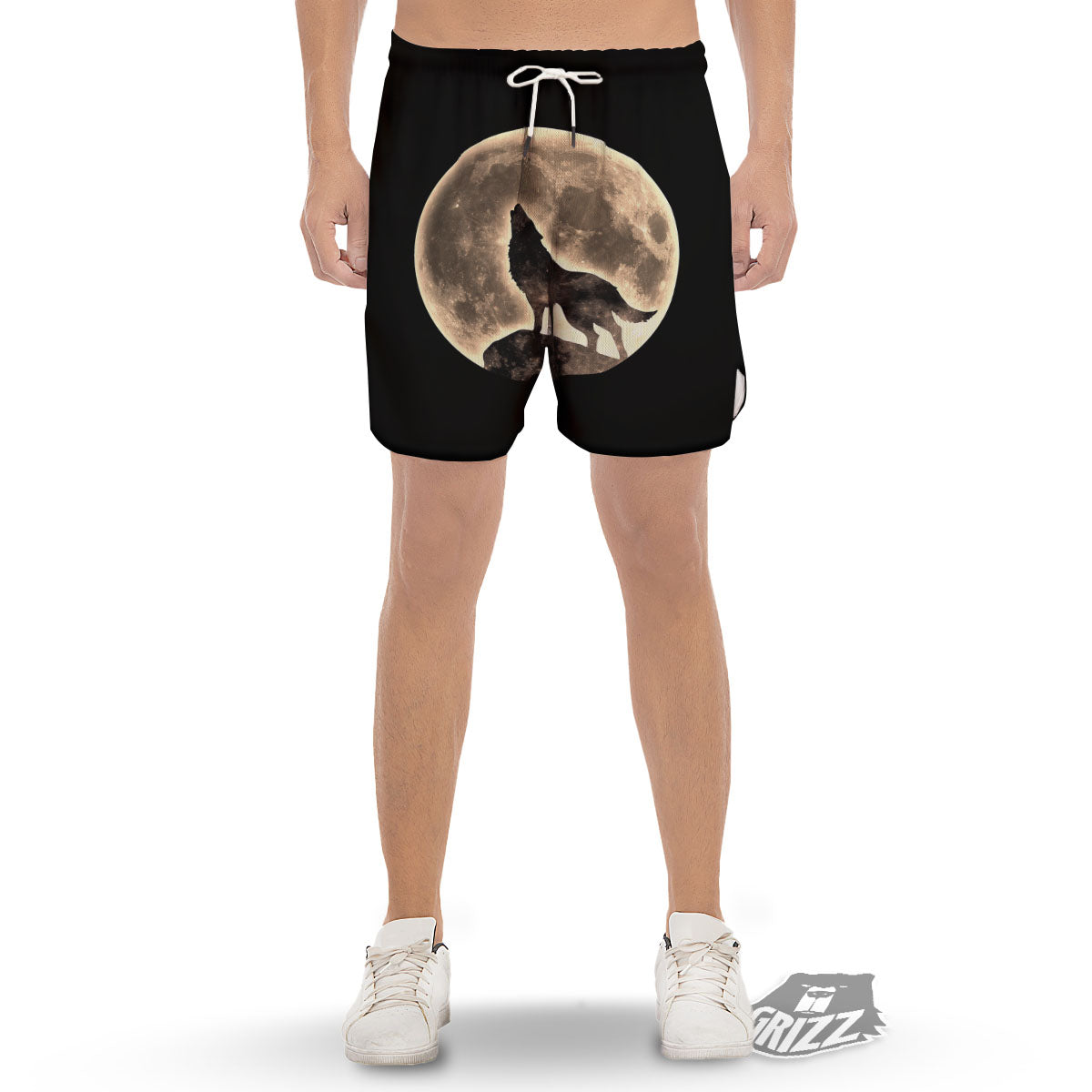 Howling Wolf Full Moon Print Men's Gym Shorts-grizzshop