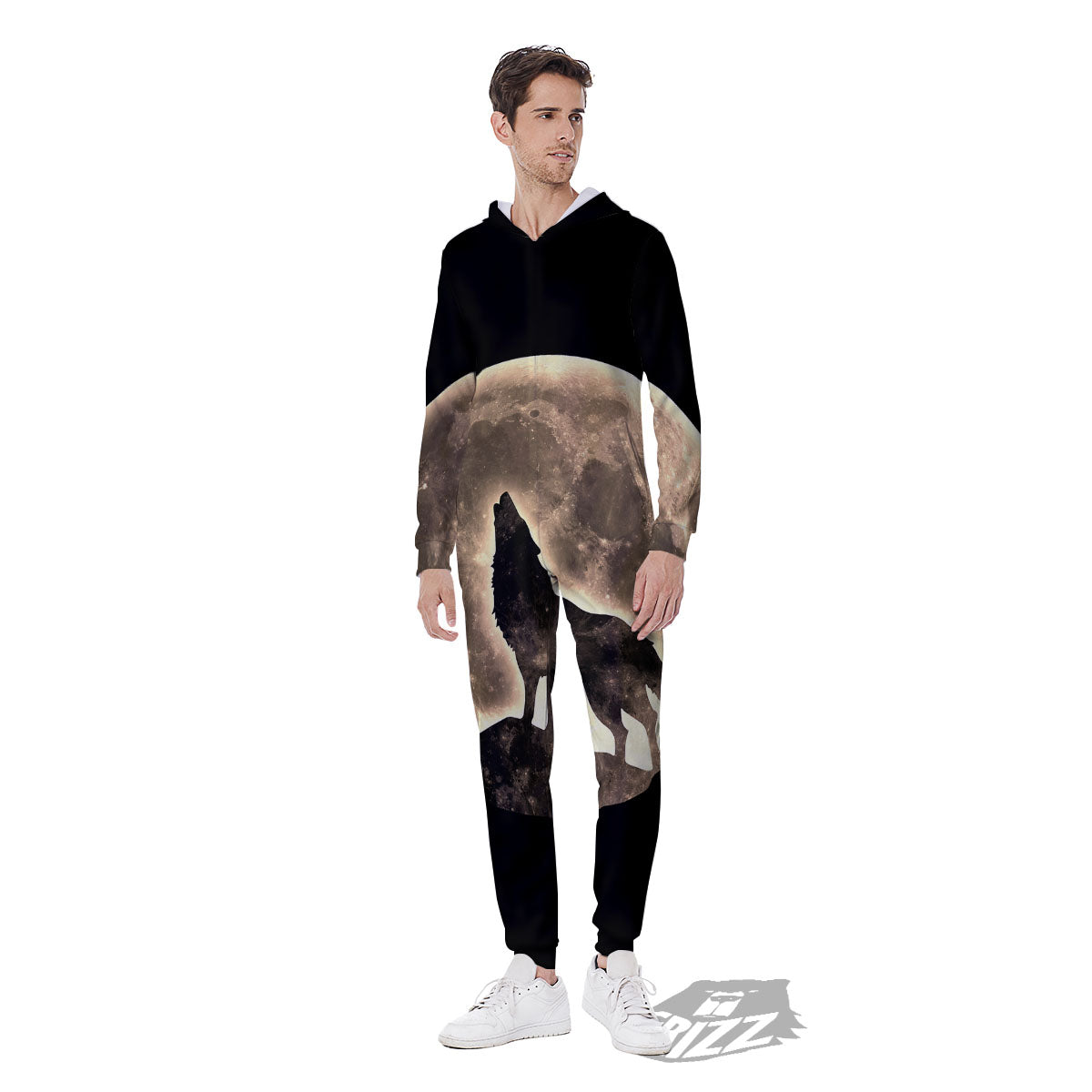 Howling Wolf Full Moon Print Men's Jumpsuit-grizzshop