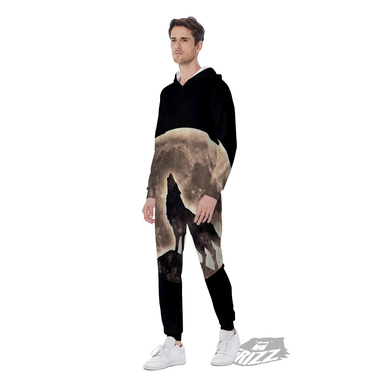 Howling Wolf Full Moon Print Men's Jumpsuit-grizzshop