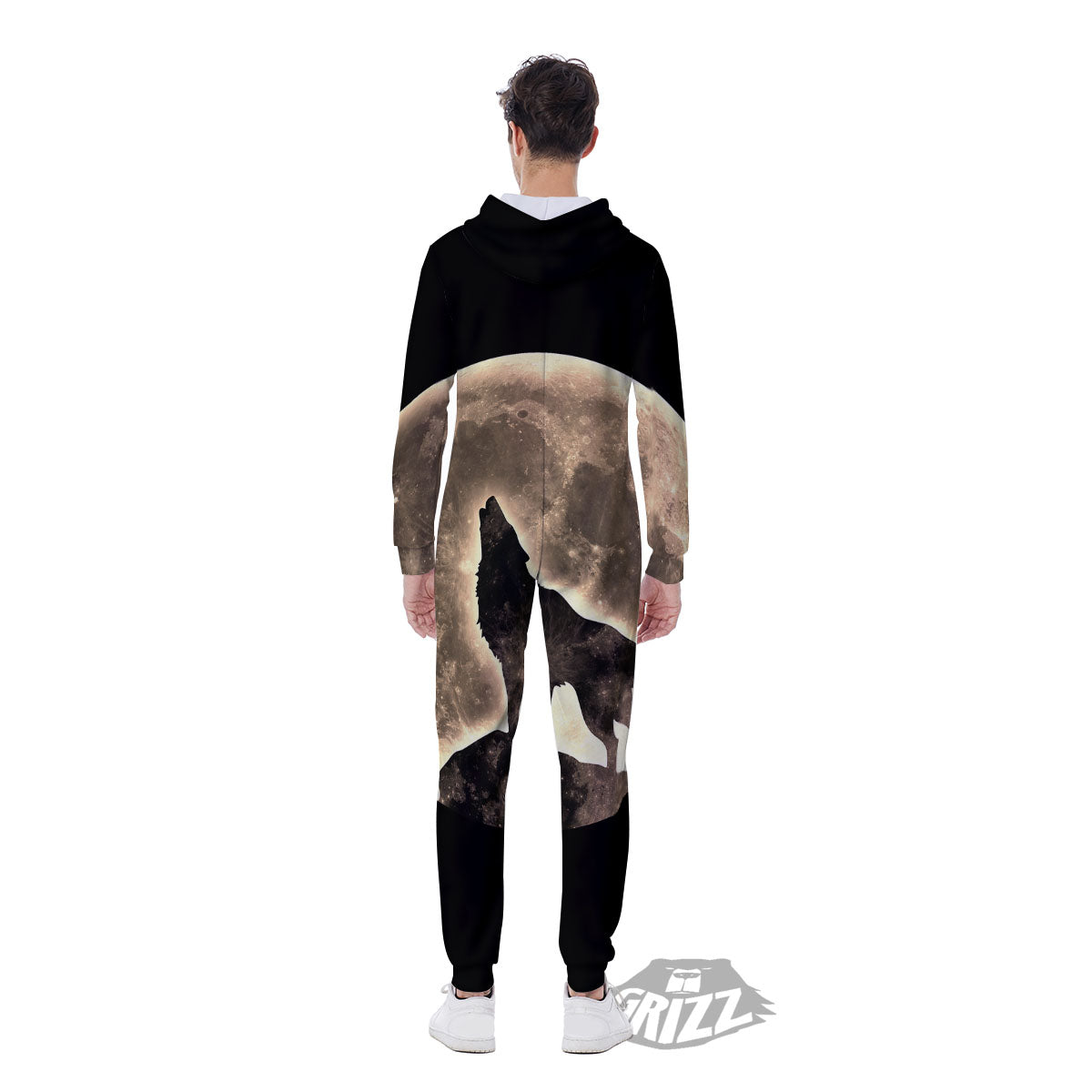 Howling Wolf Full Moon Print Men's Jumpsuit-grizzshop