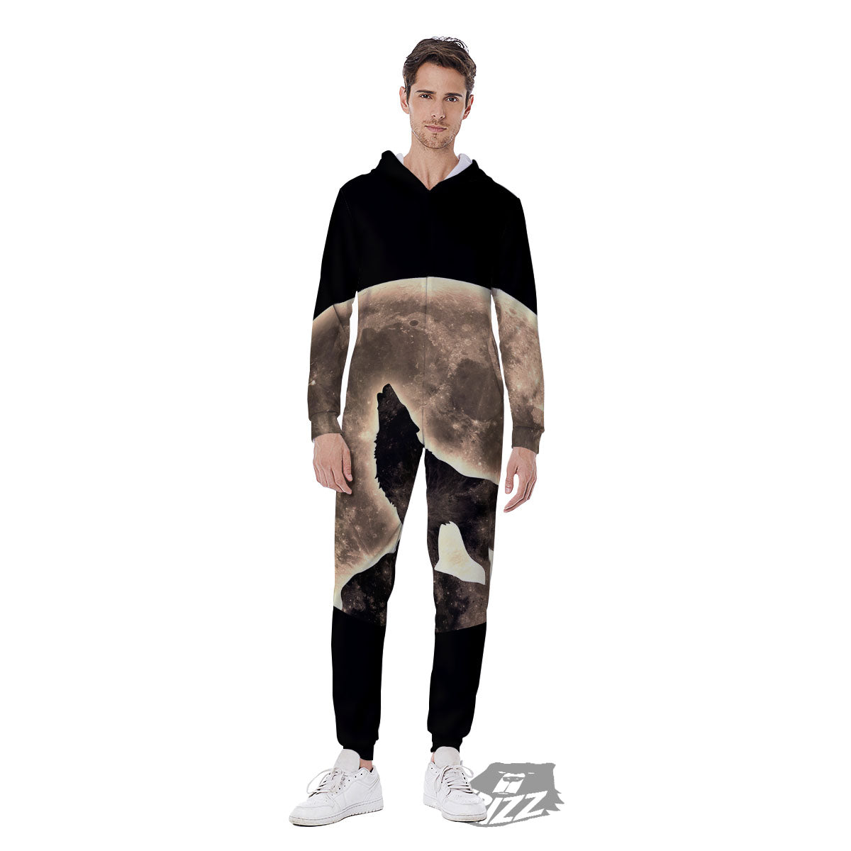 Howling Wolf Full Moon Print Men's Jumpsuit-grizzshop