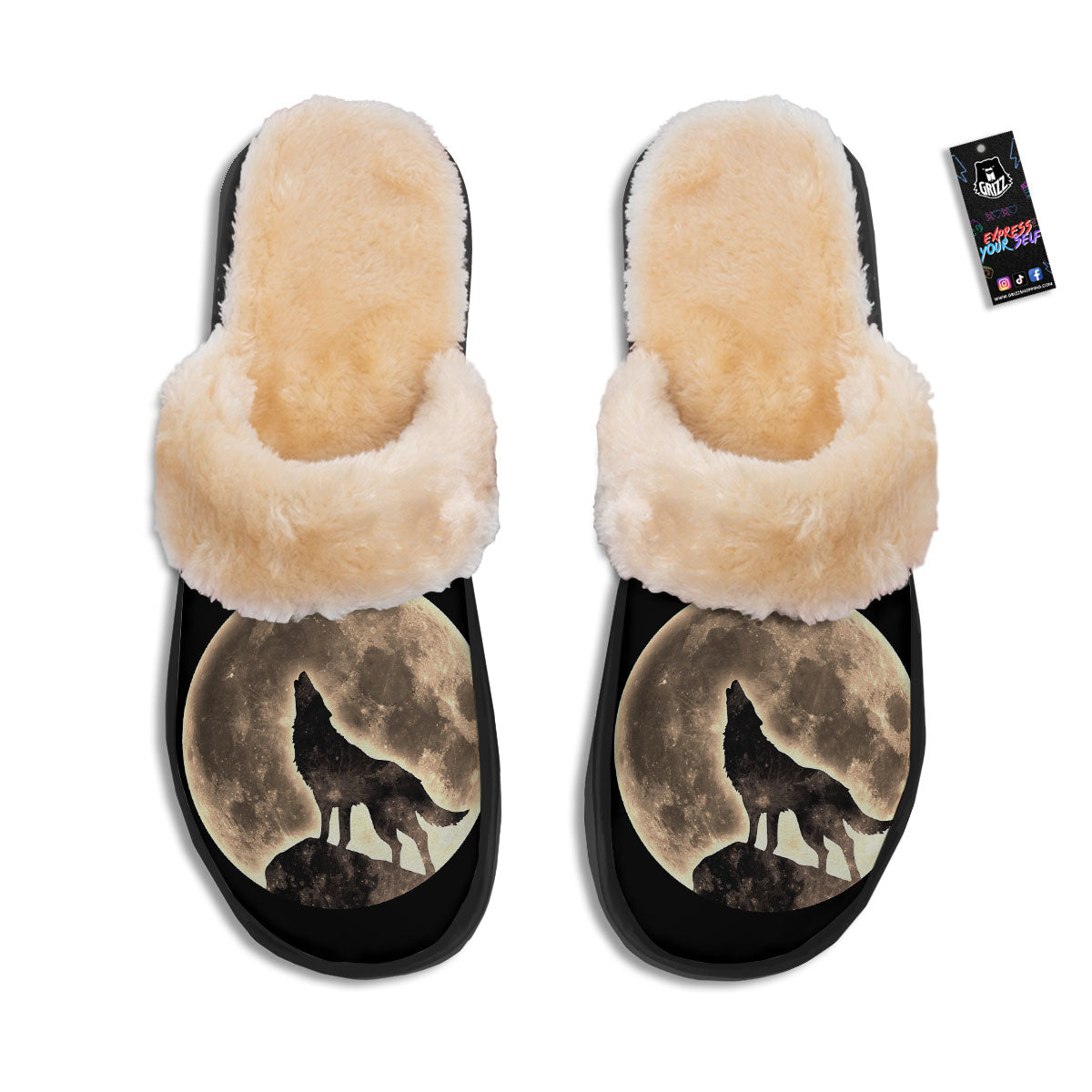 Howling Wolf Full Moon Print Slippers-grizzshop