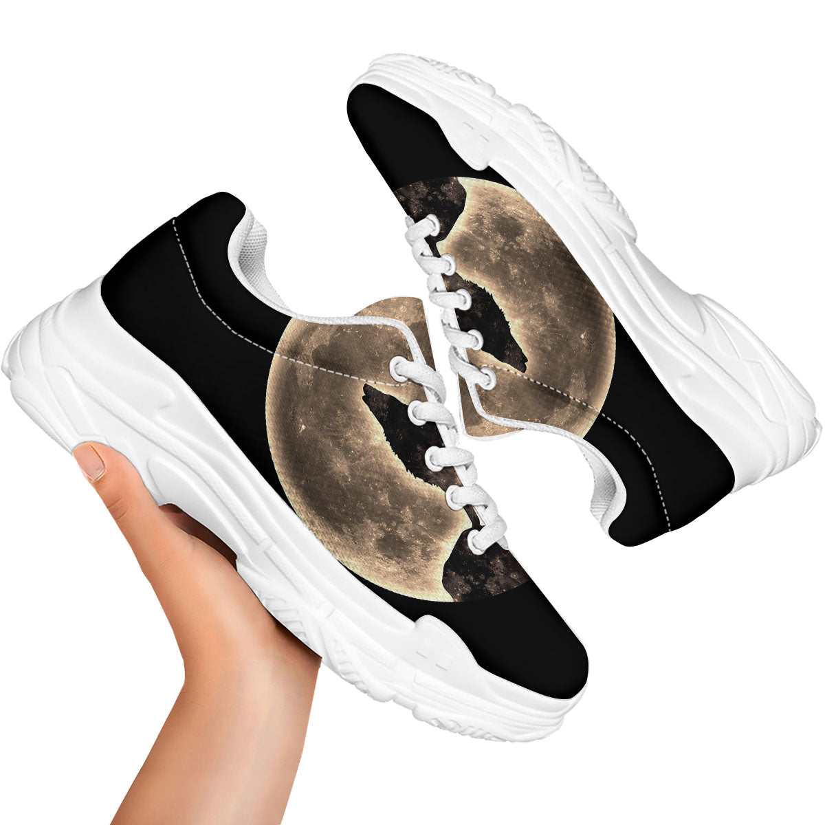 Howling Wolf Full Moon Print White Chunky Shoes-grizzshop