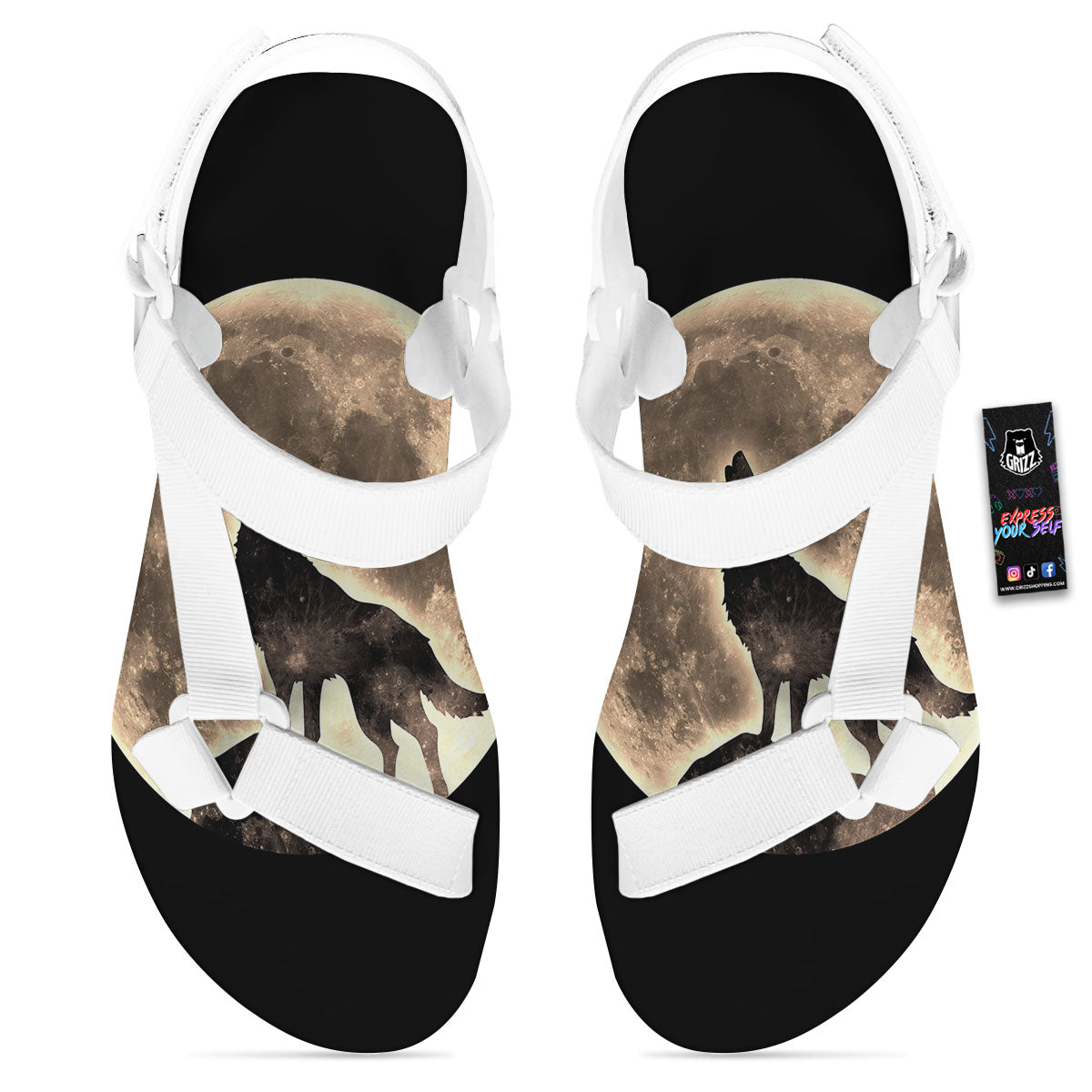 Howling Wolf Full Moon Print White Open Toe Sandals-grizzshop