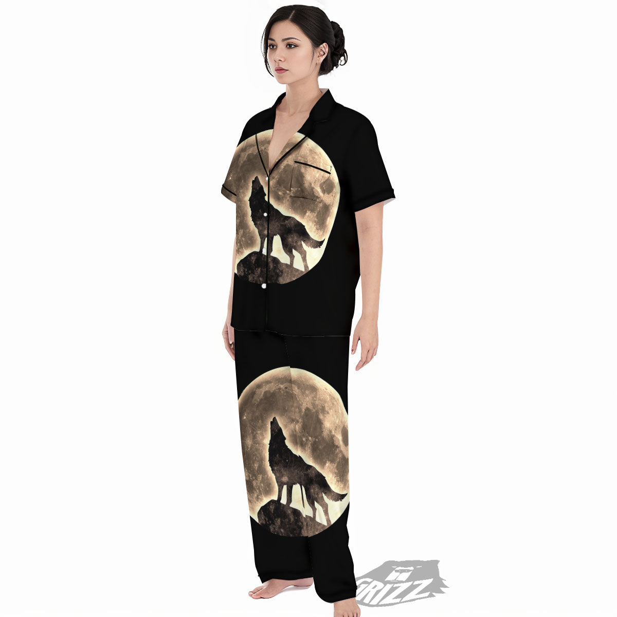 Howling Wolf Full Moon Print Women's Pajamas Set-grizzshop