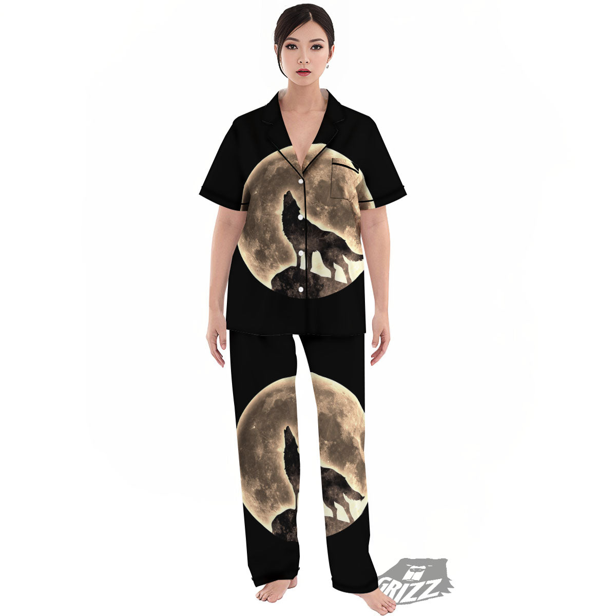 Howling Wolf Full Moon Print Women's Pajamas Set-grizzshop