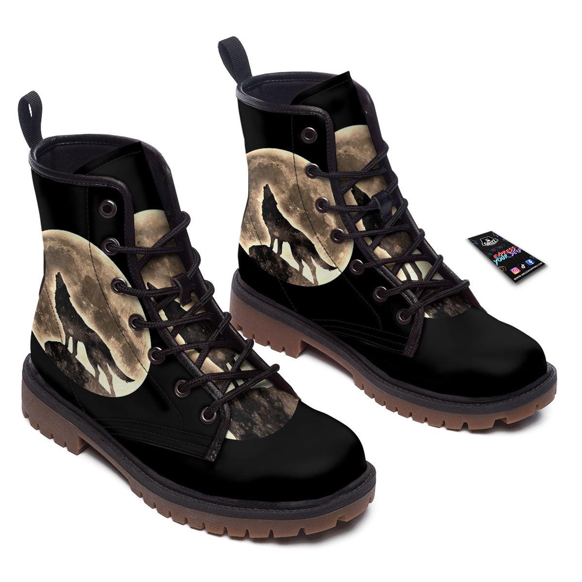 Howling Wolf Full Moon Print Work Boots-grizzshop